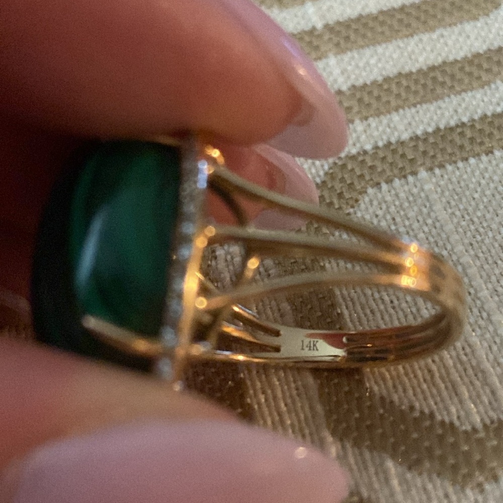 1980s Malachite 14kt Gold Ring With .50ct Diamonds, Approximate Size 7.5 - 8.5 - Picture 11 of 15